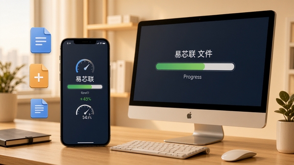 易芯联文件传输界面演示,手机与电脑屏幕显示传输进度条,周围有文件图标和速度标识,背景为整洁办公桌,色调温暖,强调高效与便捷