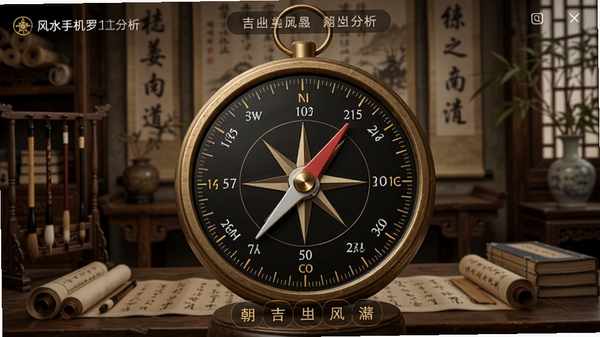 风水手机罗盘主界面展示,显示精确的罗盘刻度、方位度数、以及当前朝向的吉凶分析,背景为古朴的中式书房,罗盘指针清晰可见,整体风格专业且带有传统文化韵味