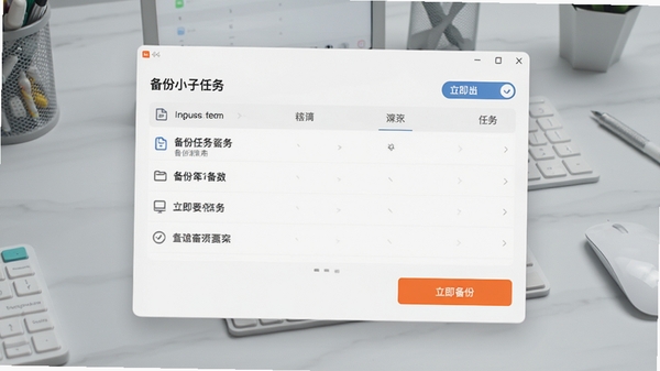 备份小子主界面预览图,展示其简洁清晰的备份任务列表与醒目的“立即备份”按钮,背景为柔和的浅灰色工作台,整体风格现代且专业