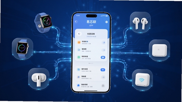 高清数字渲染风格的主视觉图,画面中央是智能手机屏幕中显示易芯联APP的简洁管理界面,周围环绕着智能手表、蓝牙耳机、智能家居网关等设备图标,通过发光的线条与手机连接,背景为深蓝色的科技感渐变,突出万物互联的核心主题,整体画面通透有层次,无文字遮挡