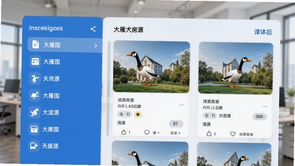 大雁发房房源分类标签界面,左侧显示自定义标签列表,右侧为筛选后的房源卡片,界面采用蓝白配色,图标简洁明了,背景为模糊的办公室环境。