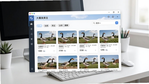大雁发房主界面截图,展示房源列表、分类标签和搜索框,背景为简洁的办公桌面,整体风格清爽明亮,软件窗口居中,突出数据管理功能。