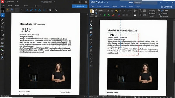 �ַ�PDFת����ת��PDFΪWord�ĵ��Ĺ��̽�ͼ�������ʾԭʼPDF���ݣ��Ҳ���ʾת�����Word�༭���棬������ͼƬ�����ֶ��룬�������������ʾת����ť����������չʾת��Ч��