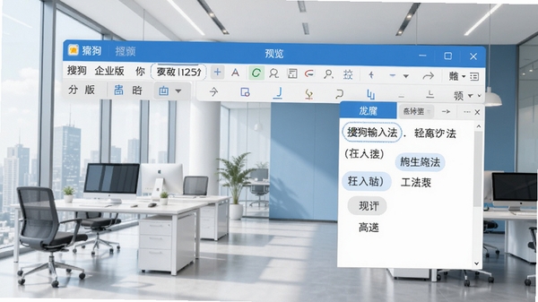 搜狗输入法企业版主界面预览图,展示其简洁专业的输入状态栏与候选词窗口,背景为现代商务办公场景,整体色调以蓝白为主,风格干净明亮,突出软件在企业环境中的专业形象