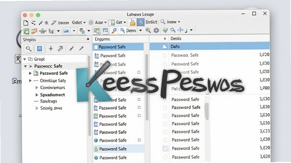 一幅展示KeePass Password Safe软件主界面的高清截图,界面左侧为分组列表,右侧为条目明细,顶部工具栏清晰可见,背景为干净的浅灰色桌面环境,画面主体突出软件logo和密码列表的层次感,整体风格写实清晰。