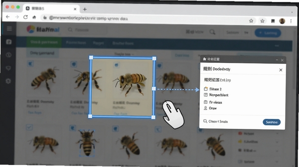 蜜蜂采集器可视化点选操作示意图,画面展示用户使用鼠标在软件内置浏览器中对网页商品列表进行框选,软件界面高亮显示已选区域并弹出规则配置浮窗,背景为模糊的网页内容,突出软件操作逻辑