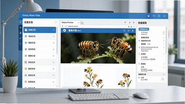 蜜蜂采集器主界面预览图,展示其简洁清晰的软件操作面板,左侧为采集任务列表,右侧为网页预览与数据提取配置区域,背景为现代化办公桌面环境,整体色调以蓝白为主,风格写实清晰