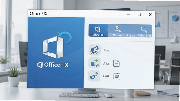 OfficeFIX软件主界面预览图,显示软件图标和修复功能列表,背景为现代办公桌面环境,色调以蓝色和白色为主,清晰展示软件名称OfficeFIX