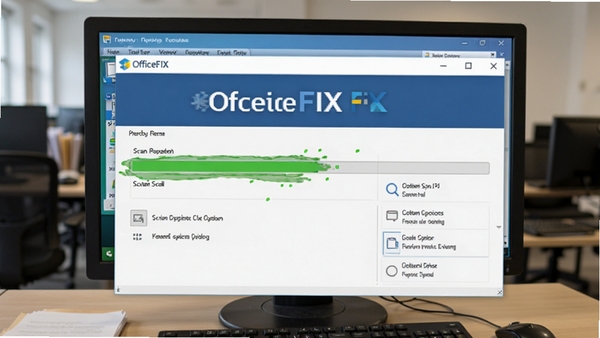 OfficeFIX正在修复损坏的Word文档截图,界面显示扫描进度条和修复选项,背景为办公电脑屏幕,突出软件名称OfficeFIX