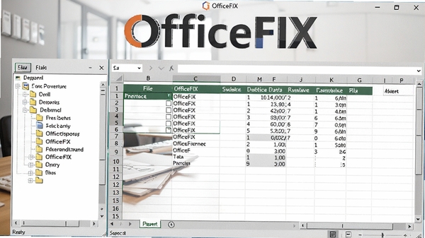 OfficeFIX修复Excel表格的界面展示,左侧为文件树,右侧为修复后的数据预览,背景为办公桌面,强调软件名称OfficeFIX