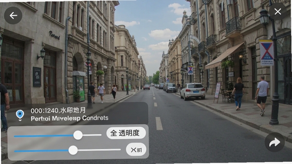签到打卡水印相机水印编辑功能演示,照片背景为室外街道,左下角有半透明的时间地点水印,周围有调整字体大小和透明度的控制滑块,界面友好