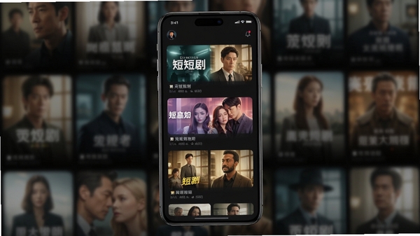 一灵短剧应用主界面预览图,手机屏幕内展示竖屏短剧列表,封面精美,界面采用深色主题,背景为模糊的剧照墙,画面主体为手机,居中构图,光影柔和,现代科技感
