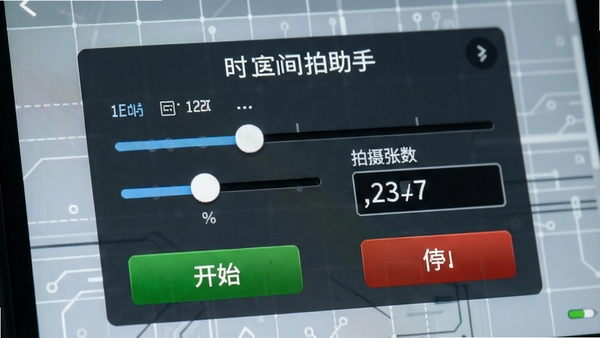 屏幕连拍助手定时设置面板特写,展示时间间隔调节滑块、拍摄张数输入框以及开始/停止按钮,界面数字清晰,背景为浅灰科技感网格,突出参数设置的精准性