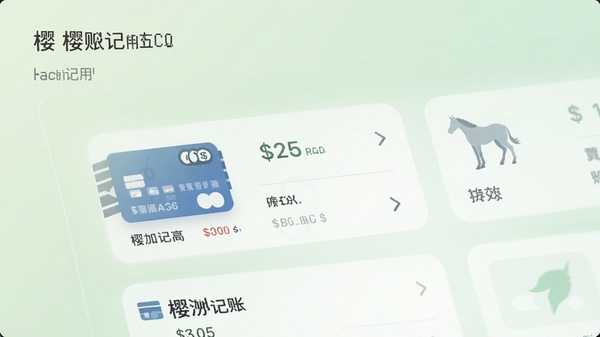 樱木记账应用主界面预览图,展示极简风格的账单列表,背景为柔和的浅绿色渐变,前景是几张带有分类图标的银行卡消费记录卡片,整体画面干净通透,突出高效记账的视觉感受