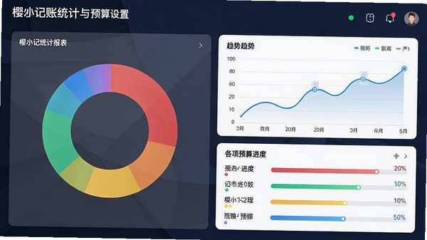 樱木记账统计报表与预算设置界面,左侧为彩色环形图,右侧为折线趋势图,下方列出各项预算进度条,整体设计现代感强,数据可视化表达清晰
