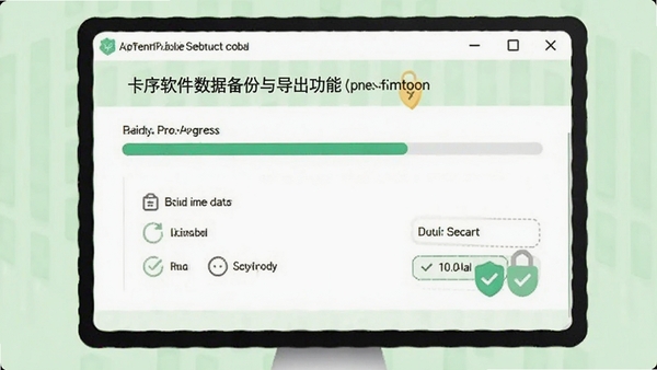 卡序软件数据备份与导出功能界面,显示备份进度条和导出格式选项,背景为淡绿色清新风格,突出数据安全与便捷性,界面简洁友好