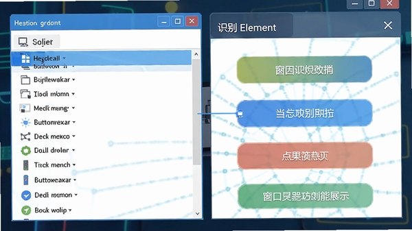 极易窗口按钮点击器窗口识别功能展示图,左侧列出系统窗口列表,右侧显示识别出的按钮元素,界面色彩明快,信息布局直观,突出软件智能识别的高效性。