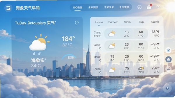 海象天气早知应用主界面,展示当日天气实况与未来小时级预报,背景为城市天际线,前景有云层与阳光,色彩清新明亮,突出精准与科技感,界面元素清晰,适配Boogu模型生成