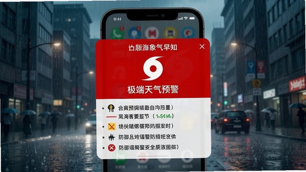 海象天气早知极端天气预警弹窗,红色背景显示台风预警图标,下方附有防御措施列表,手机界面置于暴雨城市背景中,视觉冲击力强,突出安全警示作用