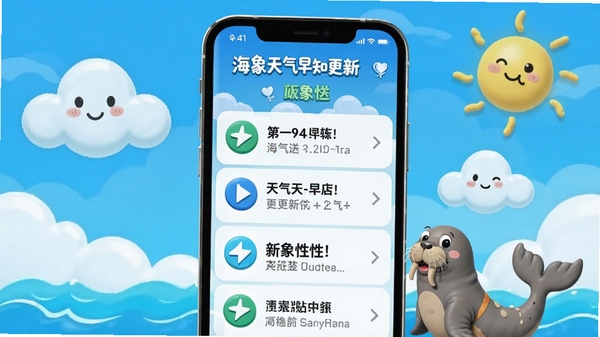 海象天气早知更新日志示意图,手机屏幕显示版本更新内容列表,背景有云朵与太阳图标,色彩活泼,突出新版本特性