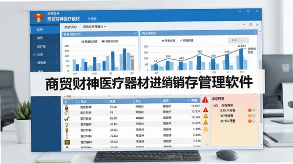 一张展示商贸财神医疗器材进销存管理软件主界面的高清截图,界面包含清晰的菜单栏、数据统计图表、商品列表和库存预警提示,背景为整洁的办公桌面,整体风格专业商务,色彩以蓝白为主,突出软件的功能布局和易用性,画面中央显示软件名称“商贸财神医疗器材进销存管理软件”