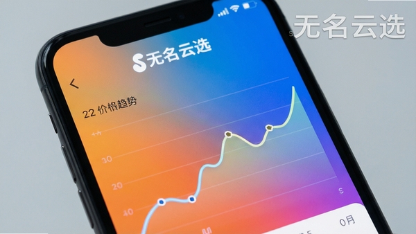 手机屏幕特写显示无名云选的价格趋势折线图界面,图表线条清晰,背景为纯色渐变,屏幕上方有“无名云选”的logo与水印,构图简洁,突出数据可视化效果。