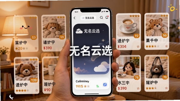 手机界面展示无名云选的个性化推荐榜单页面,商品卡片排列整齐,配有价格标签和评分星星,背景为暖色调的室内光线,屏幕中央显示“无名云选”应用名称,整体画面活泼且信息丰富。