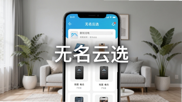 在明亮整洁的现代客厅中,一部智能手机屏幕显示着无名云选应用的商品对比界面,背景是柔和的浅灰色墙壁与绿植,画面中央突出应用名称“无名云选”字样,整体风格清新简约,适合作为软件功能介绍的预览图。