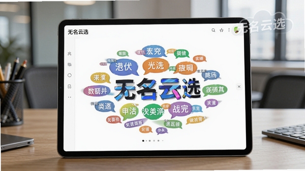 一台平板电脑展示无名云选应用中的评价标签云界面,各种形容词以彩色气泡形式分布,背景是模糊的办公桌环境,画面带有“无名云选”的悬浮水印,风格专业而现代。