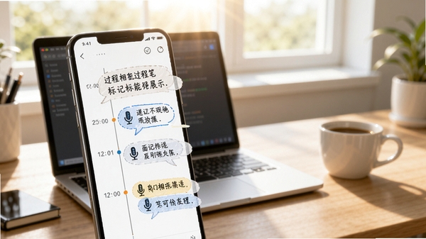 过程相机过程笔记标记功能展示图,画面中手机屏幕显示一条时间轴,上面有几个标注了文字和麦克风图标的气泡,背景是书房书桌,笔记本电脑和咖啡杯摆放整齐,阳光从窗户洒入,整体色调明亮清晰,采用写实风格,突出笔记标记的便利性