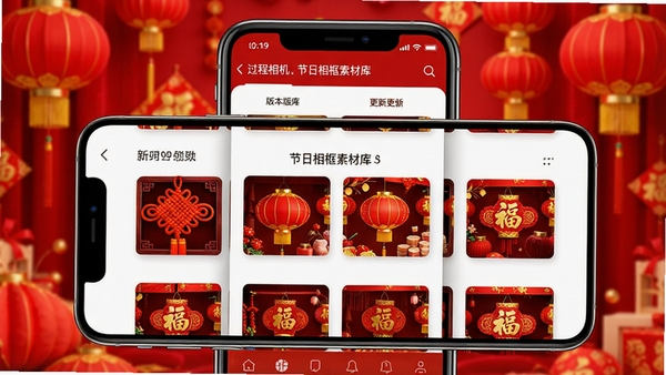 过程相机v1.0.19版本更新内容展示图,画面中手机屏幕显示新增的节日相框素材库,有中国结、灯笼等元素,背景是红色喜庆的节日装饰,整体色调鲜艳,采用写实风格,突出版本更新带来的新功能