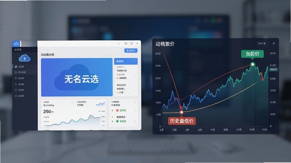 一张功能展示图,画面左侧是“无名云选”软件界面,右侧是动态的价格走势折线图,图上标注“历史最低价”与“当前价”两个数据点,背景虚化处理,突出比价功能的直观与专业。