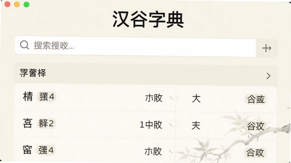 汉谷字典主界面截图,展示简洁的搜索栏和汉字释义列表,背景为淡雅的米白色,整体风格干净明亮,突出软件名称与查询功能