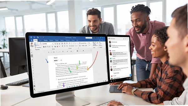 Office 365 ����Эͬ�༭��������Ļ����ʾ����ͬʱ�༭ Word �ĵ��Ľ��棬�����ɫ���죬�Ա���ʵʱ���촰�ڣ�����Ϊ�ִ��칫�һ���������ɫ��������ͻ���ŶӺ������Ч�칫�ķ�Χ