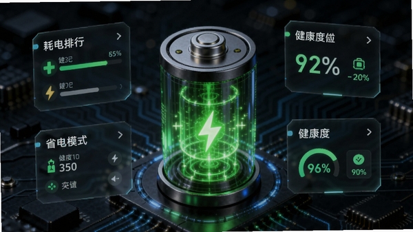 设备智慧管家电池管理功能概念图,画面中央是一个3D电池模型,内部显示绿色的能量核心,周围环绕着耗电排行、省电模式、健康度百分比等悬浮数据卡片,背景为深色科技电路板纹理,彰显智能监控与科学管理。