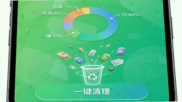 设备智慧管家APP垃圾清理功能界面模拟图,屏幕上半部分显示环形图展示已扫描出的垃圾文件分类占比,下半部分为“一键清理”大按钮,背景为清爽的绿色渐变,周围有代表文件碎片的3D粒子正在被吸入一个发光的回收站图标,画面直观体现深度清理与空间释放。