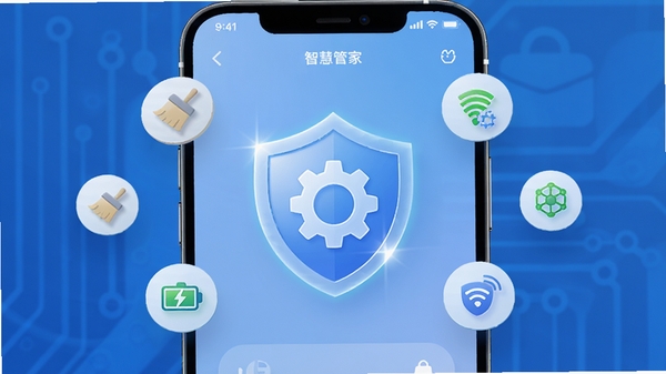 高清数字渲染图,展示设备智慧管家APP在智能手机上运行的主界面,界面风格现代简约,背景为渐变的科技蓝,主视觉中央是一个闪亮的盾牌与齿轮组合图标,周围漂浮着代表清理、优化、电池、网络的功能小图标,画面充满科技感与秩序感,突出软件的一站式管理功能。