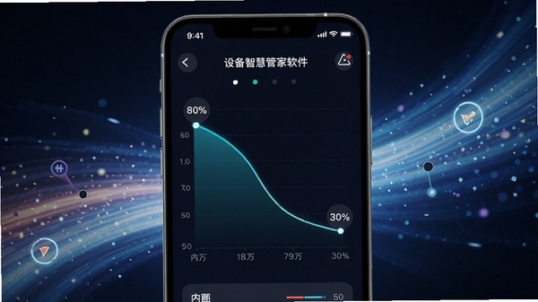 展示设备智慧管家软件在手机后台运行并进行内存加速的示意图,画面中手机屏幕显示内存占用从80%下降至30%的曲线图,背景为流动的光效,象征极速与流畅,突出性能优化效果。