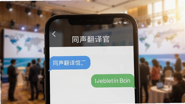 手机屏幕特写,界面显示同声翻译官的实时翻译对话界面,左侧中文气泡右侧英文气泡,背景为模糊的国际化城市会议场景,暖色调光线,画面清晰,突出软件名称同声翻译官