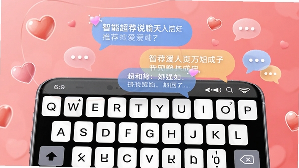 一幅展示恋爱超会说聊天输入法核心界面的高清渲染图,画面中央是手机键盘特写,键盘上方悬浮着智能推荐的话术气泡,背景是温馨浪漫的粉红色渐变,点缀着爱心和对话气泡图标,整体风格明亮现代,突出智能推荐和恋爱辅助的主题,画面比例16:9,细节丰富,光线柔和。
