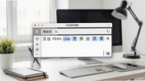 汉谷拼形输入法主界面,简洁的输入法状态栏悬浮在电脑桌面,背景为淡雅的办公环境,输入框显示拼音与候选字,画面清晰明亮,突出软件便捷高效的特点