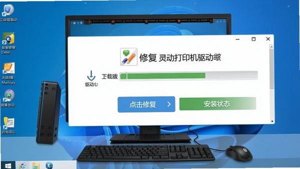 灵动打印机驱动修复一键修复功能演示,点击修复按钮后自动下载驱动,显示下载进度条和安装状态,背景为电脑桌面