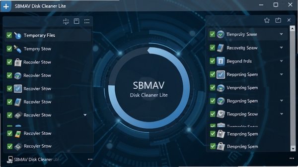 һ��չʾSBMAV Disk Cleaner Lite����ִ�д������ɨ�����������������������ɨ����Ȼ����ܱ����б���ʽ������ʱ�ļ�������վ������ͼ�ȷ�����Ŀ��ÿ������ǰ����ɫ��ѡ�򣬱���Ϊ����ɫ�Ƽ��н��棬ͻ��ɨ����̵�ȫ����ϸ��
