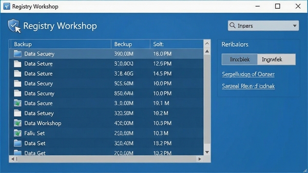 Registry Workshop备份还原界面,显示备份文件列表与还原选项,背景为简洁的蓝色调,强调数据安全与可靠性