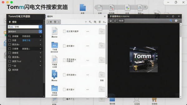 Tomm闪电文件搜索筛选与预览功能展示,左侧为搜索条件面板,右侧为文件列表与预览窗口,背景为浅灰色工作台风格,突出软件名称Tomm闪电文件搜索