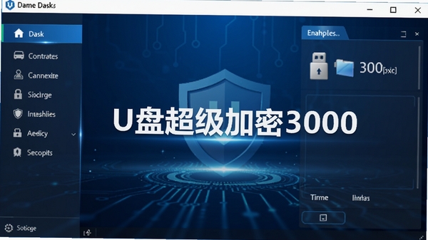 U盘超级加密3000主界面截图,展示其简洁清晰的软件布局,左侧为功能导航栏,右侧为磁盘与文件操作区域,整体风格现代且专业,背景为深蓝色科技感渐变,高光点缀,突出数据安全主题,画面中心显示软件名称U盘超级加密3000
