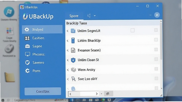 U盘备份工具(UBackUp)主界面预览图,展示软件简洁的蓝色风格窗口,左侧功能列表,右侧备份任务列表,背景为浅灰色桌面环境,整体画面清晰明亮,突出软件名称和核心功能按钮
