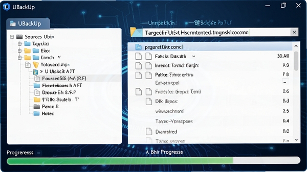 U盘备份工具(UBackUp)一键备份执行画面,显示进度条正在复制文件,左侧源U盘目录树,右侧目标文件夹路径,背景为深蓝色科技感界面,突出备份速度和文件列表