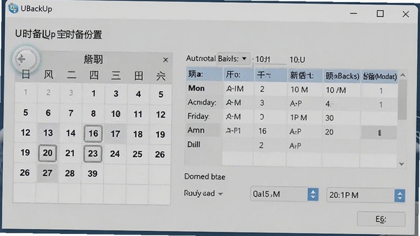 U盘备份工具(UBackUp)定时备份设置界面,显示每周一至周五上午10点自动备份的日程表,背景为浅灰色系统设置窗口,突出日历控件和时间选择器