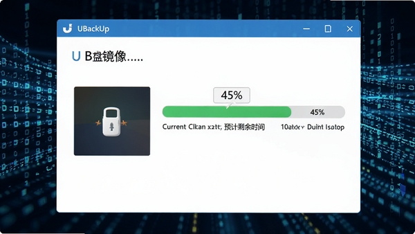 功能预览图:U盘备份工具(UBackUp)正在执行全盘镜像备份,进度条显示45%,界面显示当前备份文件大小与预计剩余时间,背景为数据流动的抽象光影效果,画面清晰直观,强调一键操作与高效备份的特点
